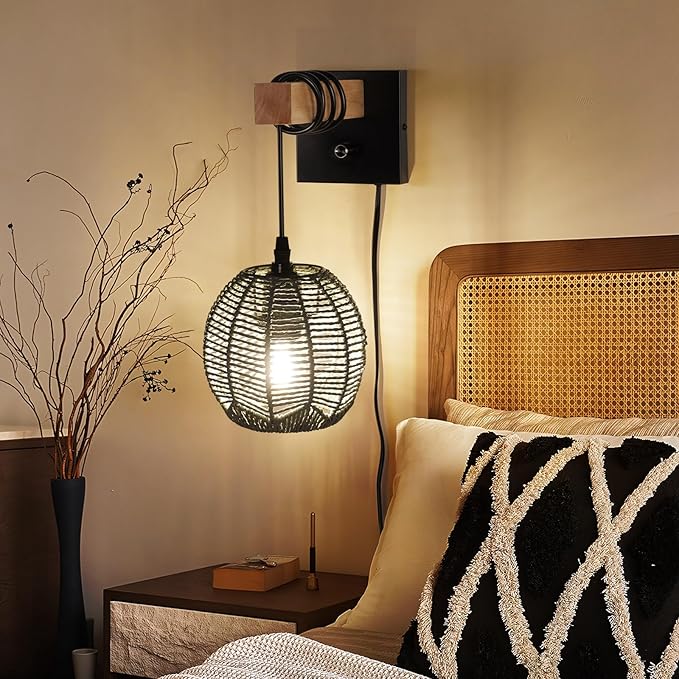 N01 100% Dimmer Wall Sconce with Hand Woven Rattan Boho Wall Lamp Farmhouse Wall Mount Light Fixture Plug in Wall Sconces for Bedroom Living Room Kitchen