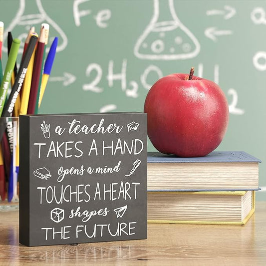 Barnyard Designs Wooden Box Sign Motivational Desk Decor, Inspirational Office Desk Decorations for Women Office Bathroom Shelf Décor (Teacher)
