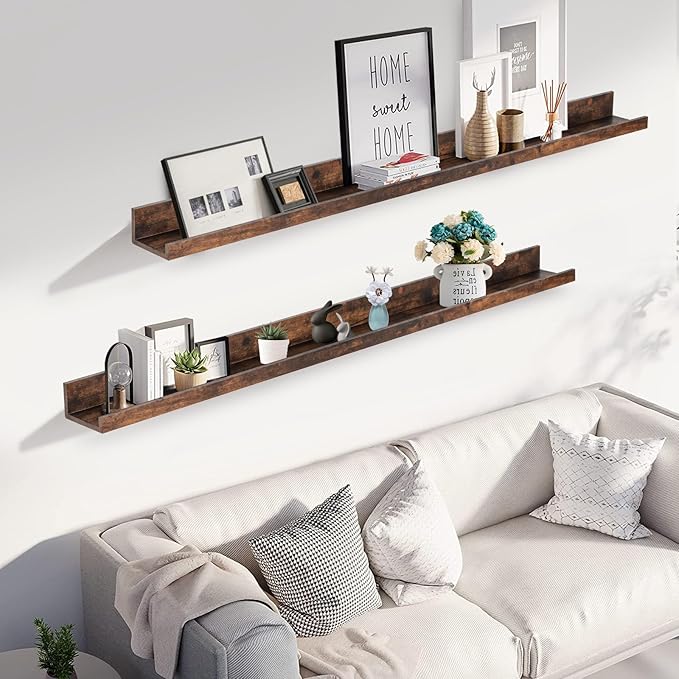 Muzilife 55" Large Floating Wall Ledge Shelves with Lip - Set of 2 Rustic Wood Floating Shelves - Honey Brown Wall Mounted Picture Ledge for Office, Bathroom, Bedroom, Living Room, Kitchen