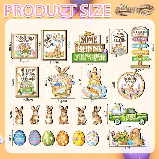 Amyhill 24 Pcs Easter Tiered Tray Decor Bunny Easter Spring Decorations Farmhouse Wooden Signs Gnome Egg Flower Tiered Tray Decor for Home Kitchen Coffee Bar Table Shelf