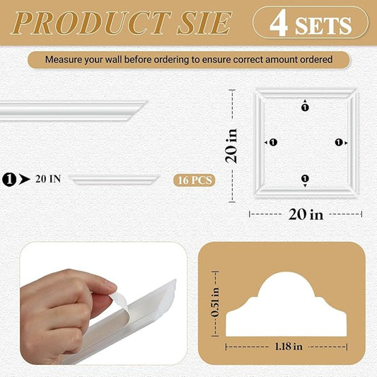 4 Set Peel and Stick Wall Molding Trim Kit, Premade Wainscoting Panels, White Pre Cut Wall Panels for Interior Wall Decor, DIY Home Decoration Picture Frame (20 x 20 Inch)
