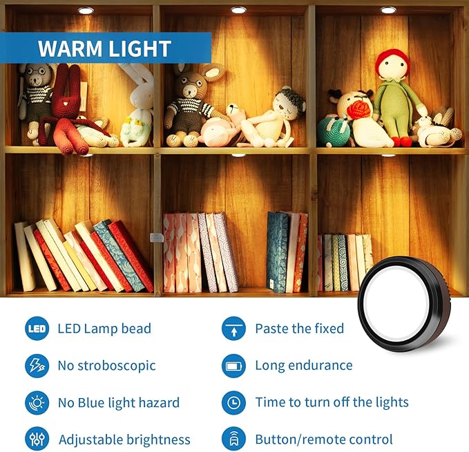 LEASTYLE Puck Lights with Remote, Battery Operated Under Cabinet Lighting with Dimmable Timer, Stick-On Closet Light Under Counter Lights for Kitchen,Black(1 Pack)