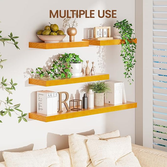 Heimlove 24 Inch Floating Shelves for Wall Brown Shelves Set of 2,Wall Mounted Rustic Wood 8 Inch Deep Floating Shelf with Invisible Brackets for Bedroom Kitchen Living Room