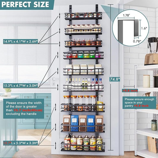 Over The Door Pantry Organizer,9-Tier Over The Door Organizer with Adjustable Basket,Metal Hanging Pantry Organizers and Storage for Kitchen, Back of Door Seasoning Rack (Black)
