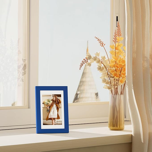 Vittanly 4x6 Picture Frames Set of 4, Display Pictures 3.5x5 with Mat or 4x6 without Mat, Small Photo Frames for Wall or Tabletop Display, Engineered Wood with Shatter Resistant Plexiglass, Royal Blue