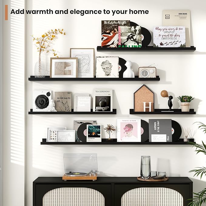 Fun Memories Picture Ledge Shelves Set of 4, 36 Inch Rustic Wall Mounted Floating Shelves with Lip for Home Storage and Décor in Bathroom, Kitchen, Nursery, Bedroom, Living Room, Black