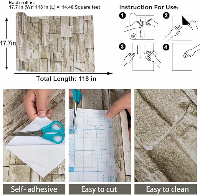 Abyssaly Stone Brick Wallpaper Peel and Stick, Brick Contact Paper for Kitchen Backsplash, Removable Self Adhesive Faux Stone Brick Wallpaper for Living Room Fireplace Accent Wall 17.71" X 393.7"
