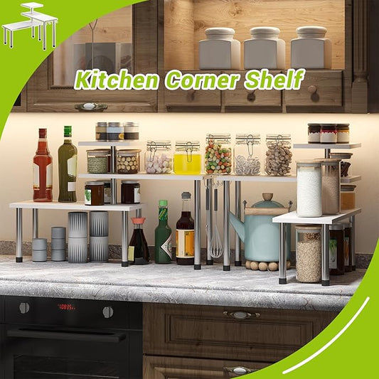 BMOSU Kitchen Corner Shelf Countertop Organizer with Hooks Adjustable Spice Rack Corner Display Rack Shelf Cabinet Counter Shelves(White)