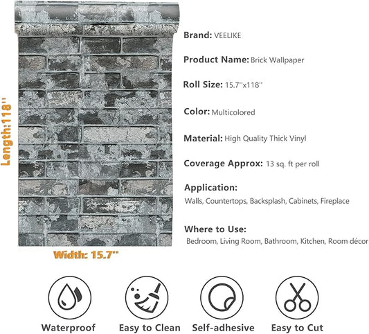 VEELIKE 15.7''x118'' Grey Brick Wallpaper Peel and Stick 3D Textured Faux Brick Wall Paper Self Adhesive Removable Waterproof Rustic Brick Contact Paper for Walls Bedroom Backsplash Cabinet Backdrop