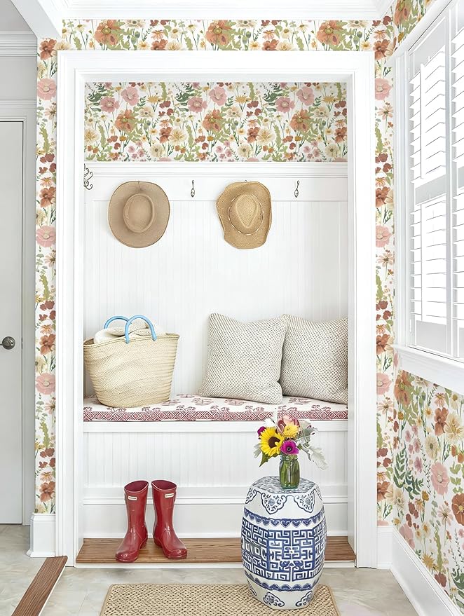 EchoSphere 16.9 in x197 in Peel and Stick Wallpaper Floral Self Adhesive Wallpaper Boho Floral and Leaf Contact Paper DIY Removable Wall Paper for Bedroom Livingroom Cabinets Decor Vinyl Roll