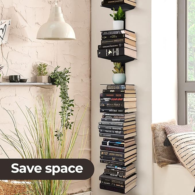 Floating Book Shelves for Wall, 4 Tier Invisible Floating Bookshelf, Vertical Spine Book Tower, Wall Mounted & Space Saving, Heavy Duty Metal Book Organizer for Home Office, 2 Pack Black