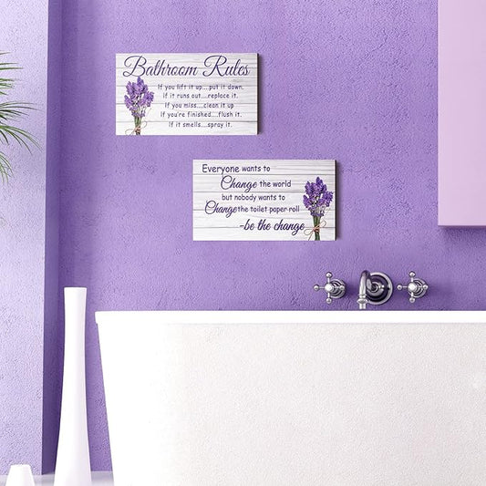 Jetec 2 Pieces Funny Bathroom Signs Bathroom Wall Decor Toilet Wall Accessories Farmhouse Toilet Rustic Wooden Signs, 12x6 Inch(Lavender Style)