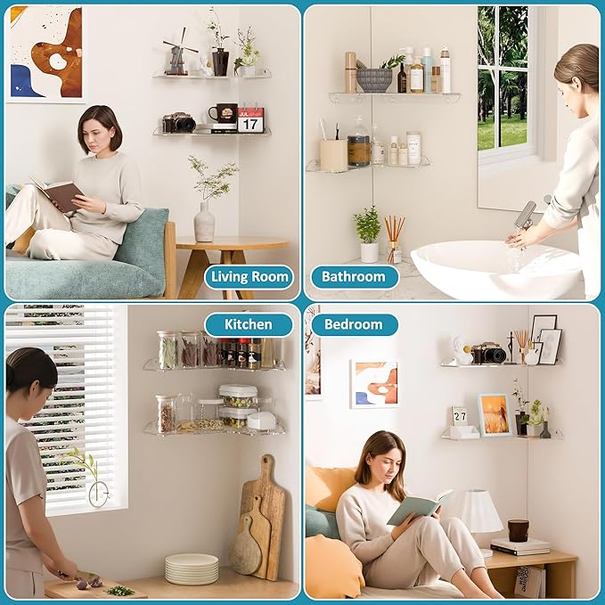 8x11.8 Inch Clear Corner Shelf Wall Mount Set of 2, Acrylic Corner Floating Shelves, Wall Organizer Shelf for Bathroom, Kitchen, Bedroom, Living Room, Dining Room, Office