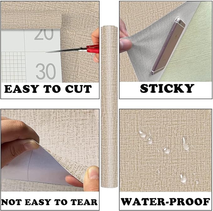 Yancorp 24"x197" Textured Fabric Peel and Stick Wallpaper - Faux Grasscloth, Self-Adhesive, Linen, Removable for Cabinets - Khaki
