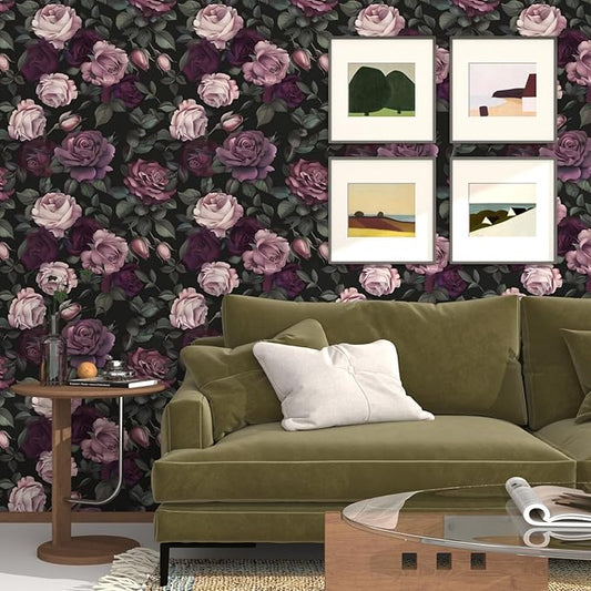 Purple Floral Peel and Stick Wallpaper Vintage Rose Contact Paper 17.5x118inches Removable Self Adhesive Modern Wall Paper for Bathroom Walls Decor Cabinet Renter Friendly