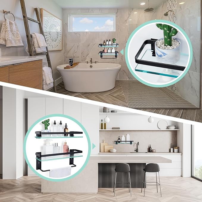 Suzile Set of 2 Glass Bathroom Shelves with Bar, Wall Mounted 15.7 x 4.7 Inches, Bathroom Shelves Hanging Modern Floating Shelf Metal Stick Room Rustproof Organizer Decorative(Black)