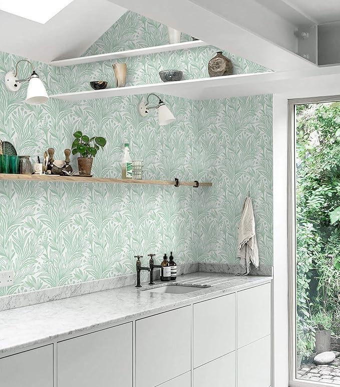 17.3"x393" Peel and Stick Wallpaper Boho Green Leaf Contact Paper Sage Green Botanical Wall Paper Self Adhesive Removable Wallpaper for Cabinets Drawers Bedroom Decor Waterproof Vinyl Roll