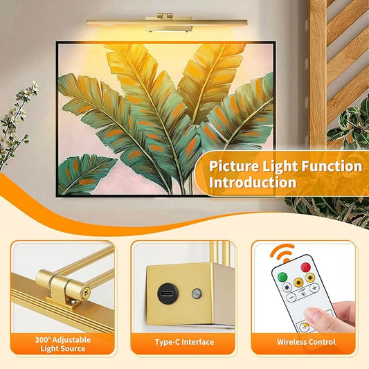 Picture Lights for Wall,Battery Operated Wall Lights,Gallery Light with Remote for Wall Display, Photo,Library Gold, Picture Light, Picture Light Battery Operated