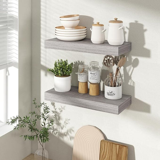 16 Inch Floating Shelves for Wall 2 Pack, 16" Wall Shelves for Books, Storage, Decor, Wall Mounted Floating Shelf with Invisible Brackets for Kitchen, Living Room, Gray