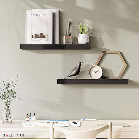 Ballucci Modern Floating Shelves 24", Set of 2 Wood Wall Mount Ledges for Nursery, Living Room, Bathroom, Kitchen, Office, Black