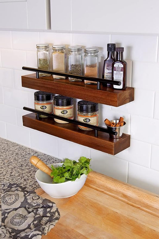 Floating Shelf Spice Rack - Multipurpose Pantry, Kitchen & Bathroom Wall Mounted Organizer for Spices, Essential Oils - Rustic Wood Hanging Shelving for Home - Solid Pine