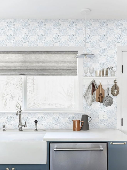 Boho Wallpaper Blue Wall Paper Peel and Stick Modern Blue and White Geometric Fireworks Contact Paper Renter Friendly Self-Adhesive Removable Bathroom Bedroom Laundry Room 17.3" × 197"