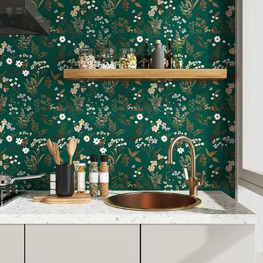 Dark Floral Wallpaper Peel and Stick 17.5in x393in Vintage Green Gold Leaf Wallpaper Vinyl Waterproof Self-Adhesive Boho Botanical Wall Paper Mural for Cabinet Bookcase Bedroom Decor