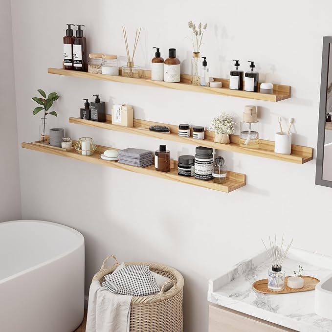 RICHFOCUS Floating Shelves for Wall, 55 inch Solid Wood Picture Ledge Shelf for Wall Storage, Nursery Book Shelves with Lip for Living Room Bathroom Bedroom Kitchen, Set of 3, Natural