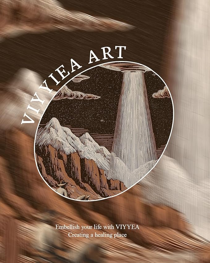 VIYYIEA Gold Small Framed Canvas Art, Vintage Western Landscape UFO Art Prints,12x16Inch, Southwest Retro Cactus Cowboy Decor for Bedroom Living Room Office Shelf, Sci - fi Poster, Cozy Brown Decor