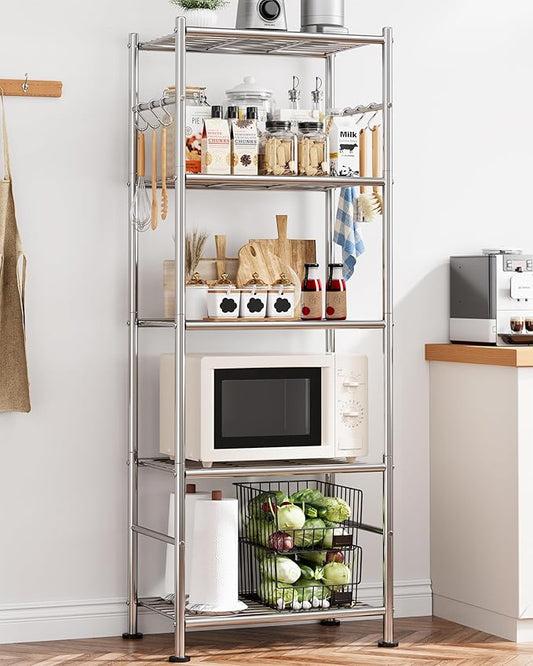 Storage Shelves - 5-Tier Large Capacity Shelf Organizer with Hooks, Heavy-Duty Garage Shelving with Leveling Feet, Wobble-Free Rack for Bedroom, Balcony, Garage, 18.1"×12.4"×56.8", Silver