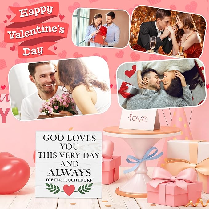 Valentines Desk Decor, Valentine's Day Home Office Table Sign for Wife Daughter from Dad Husband, Valentine Gifts Decorations for Porch Tiered Tray Shelf Party, God Loves You Day and Always