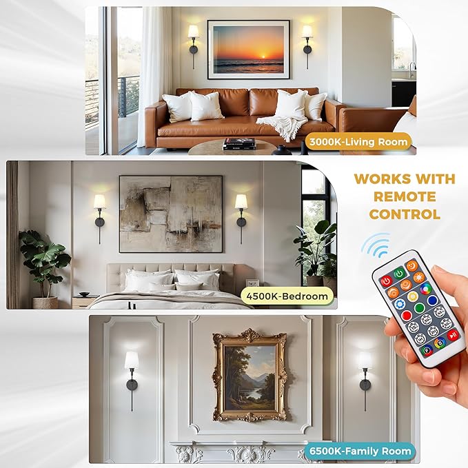 DORESshop Battery Operated Wall Sconce Set of 2, Wireless Wall Light Easy to Install, 7 Color Rechargeable Wall Sconces, Sconce Wall Decor Set of 2 for Bedroom, Living Room, Matte Balck, 24.3in