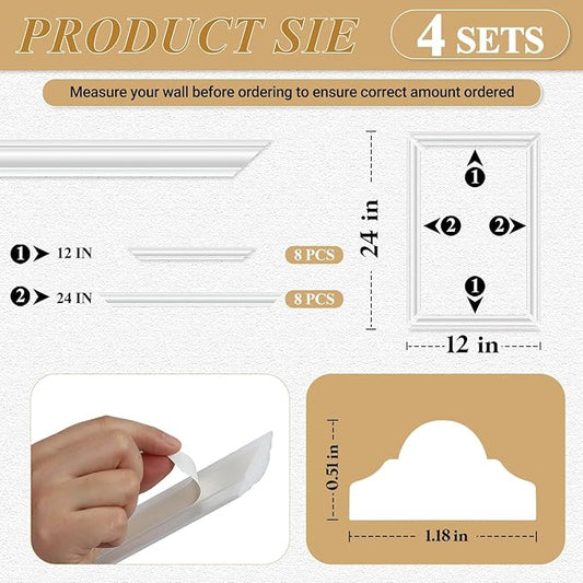 4 Set Peel and Stick Wall Molding Trim Kit, Premade Wainscoting Panels, White Pre Cut Wall Panels for Interior Wall Decor, DIY Home Decoration Picture Frame (12 x 24 Inch)