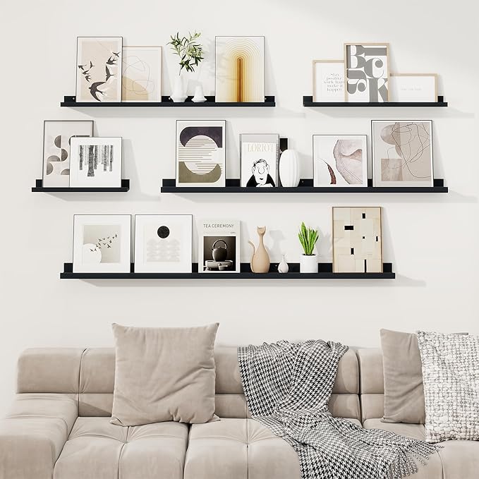 RICHFOCUS Picture Ledge Shelf, 48 inch Floating Shelves Set of 2, Wood Wall Shelves with Lip, Wall Decor Storage for Bedroom Living Room Bathroom Kitchen Nursery Photo Picture, Black