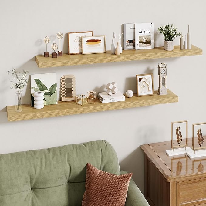 48 Inch Floating Shelves | 6.5 Inch Deep Oak Floating Shelves Set of 2 | 48" W x 6.5" D Rustic Oak Shelves with Invisible Brackets for Bathroom Living Room Bedroom