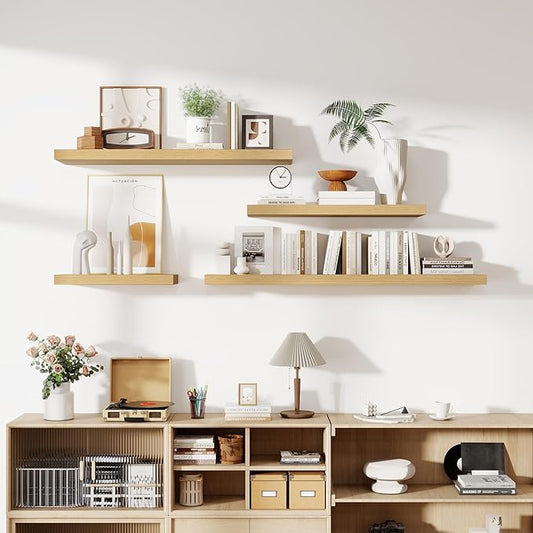 24 Inch Floating Shelves, 12 Inch Deep Floating Shelves for Wall, Floating Shelf with Invisible Brackets, Deep Shelves for Bathroom, Bedroom, Living Room, 2 Pack, Natural
