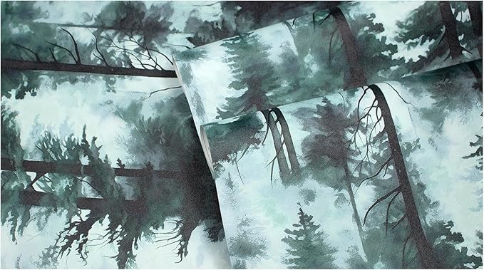 HAOKHOME Forest Peel and Stick Wallpaper Misty Blue Removable Vinyl Mural for Bathroom Bedroom Accent Wall Self Adhesive Contact Paper Tree Wall Decor 17.3in x 118in