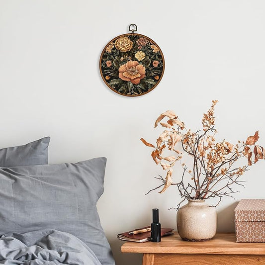 KSDUT Aesthetic Flower Retro Wall Art Decor - Botanical Neutral Mid Century Modern Wall Art Canvas Frame Hanging Prints, Vintage Landscape Round Wall Art Decor for Home Decorations 10"x10"