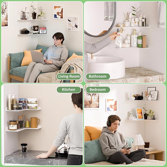 8x11.8 Inch Corner Shelf Wall Mount Set of 2, White Acrylic Corner Floating Shelves, Wall Organizer Shelf for Bathroom, Kitchen, Bedroom, Living Room, Dining Room, Office