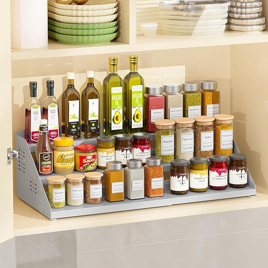 Spice Rack Organizer, Metal Spice Rack Organizer for Cabinet, Countertop Spice Rack - Expandable Width, 3 Tier Spice Shelf for Cabinet, Countertop, Pantry, Cupboard, Gray