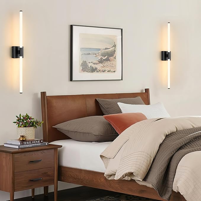 32 Inch Battery Operated Wall Sconces Set of 2, Black Dimmable Rechargeable Wall Sconces with Remote, 3 Color 360° Lighting Sconce, Modern LED Wireless Wall Light for Bedroom, Living Room