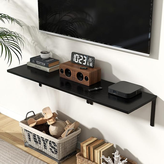 Fun Memories Floating Shelves for Wall, 12 Inch Deep Floating Shelves Set of 2, Wall Mounted Shelf with Metal Brackets, Rustic Wood Wide Shelf for Bathroom, Kitchen and Living Room, Black, 24W x 12D