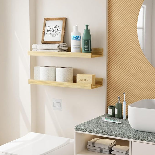 16 Inch Bamboo Floating Shelves - Picture Ledge Shelf with Lip Set of 2, Hanging Bamboo Wall Shelf for Storage, Small Natural Wood Floating Shelves for Living Room, Bedroom, Kitchen