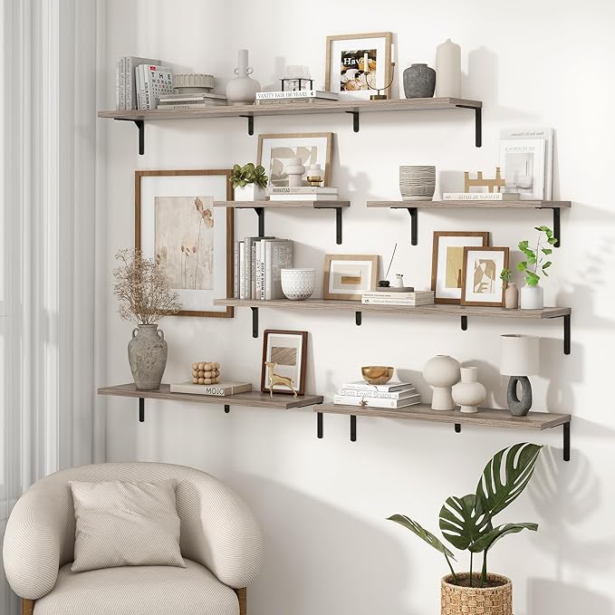 Fun Memories Deep Floating Shelves, 32W x 8D Floating Shelves Set of 2, Wall Mounted Shelf with Metal Brackets, Rustic Wood Wall Shelf for Bathroom, Kitchen and Living Room, Grey