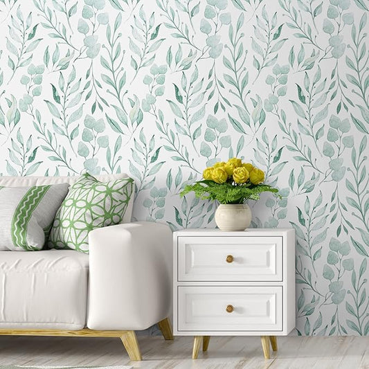 WENMER Green Leaf Wallpaper Floral Peel and Stick Wallpaper 17.7" x 1181" Self Adhesive Watercolor Leaves Wall Paper Removable Floral Contact Paper for Cabinets Wall Decor
