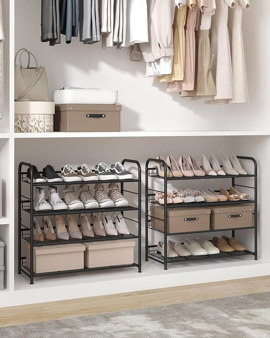 SONGMICS Stackable Shoe Rack, 4 Tier Metal Shoes Rack Storage Shelf, Holds up to 16 Pairs Shoes, Adjustable Slanted Shelves Shoe Tower Organizer for Closet Entryway Small Spaces, Black
