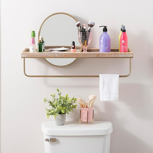 Linon Gourli Modern Farmhouse Gold Metal and Wooden Wall Shelf with Mirror