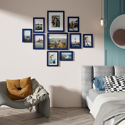 Vittanly 10 Pack Picture Frames Collage Wall Decor, Gallery Frame Set for Wall Mounting or Tabletop Display, Multi Sizes Including 2pcs 8x10, 4pcs 5x7, 4pcs 4x6, Blue