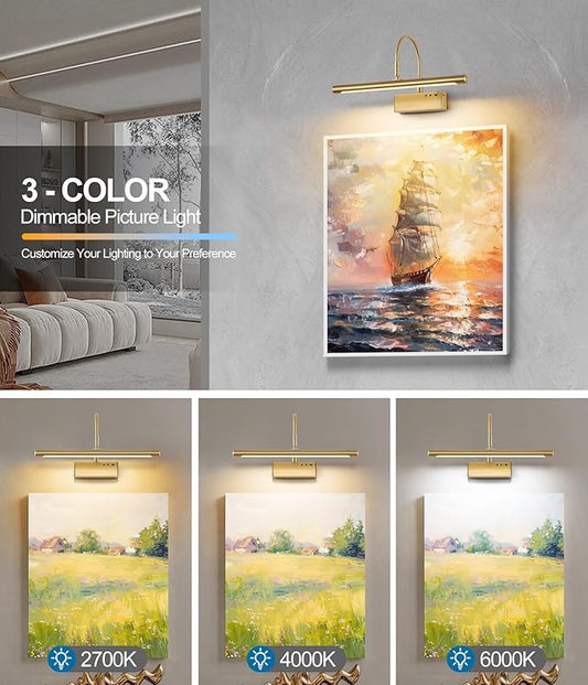 Picture Light for Wall with Remote,Brass Rechargeable Art Light,Wireless Battery Operated Wall Sconce, 3 Color Modes,16" Painting Light Over Picture Frame,Artwork,Photos,Gallery