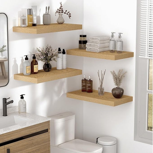 Vivelove 10" Deep Floating Shelves Over Toilet, 24" Wall Shelves for Bathroom Bedroom Kitchen Living Room Laundry Room, Modern Rustic Shelves for Home Decor, 24"x10.2"x1.5", Set of 2, Oak